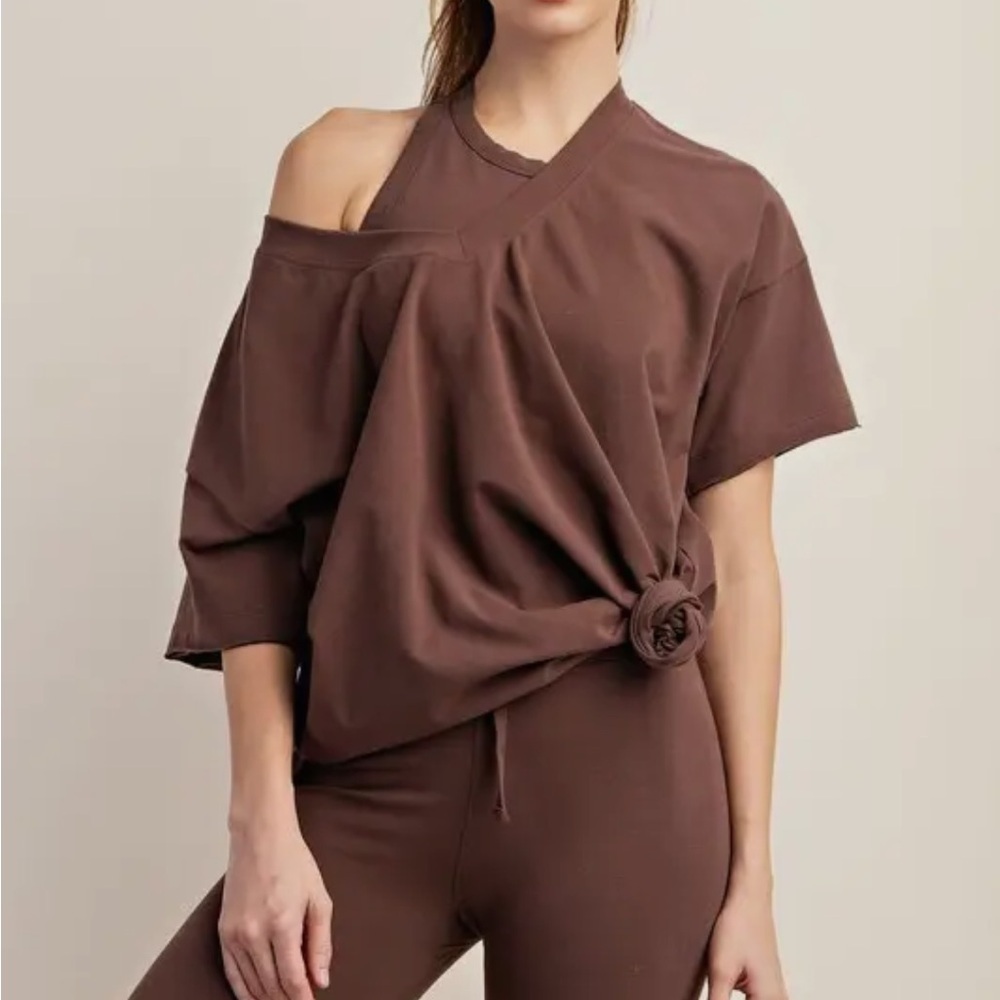 Rae Mode Brown Oversized V-neck Reversible Short Sleeve Top